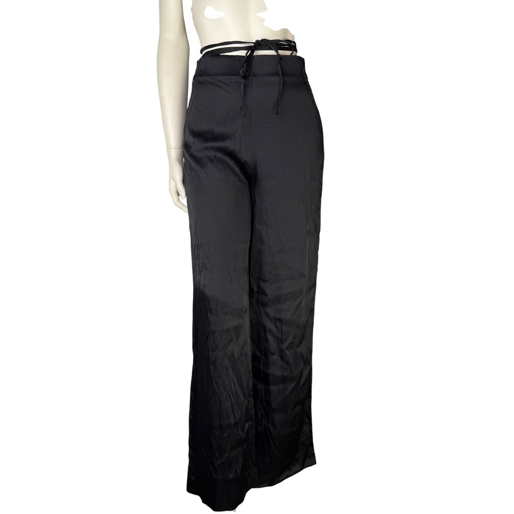 Zara Satin Wide Leg Trousers Black Tie Waist High Rise Minimalist Quiet Luxury M